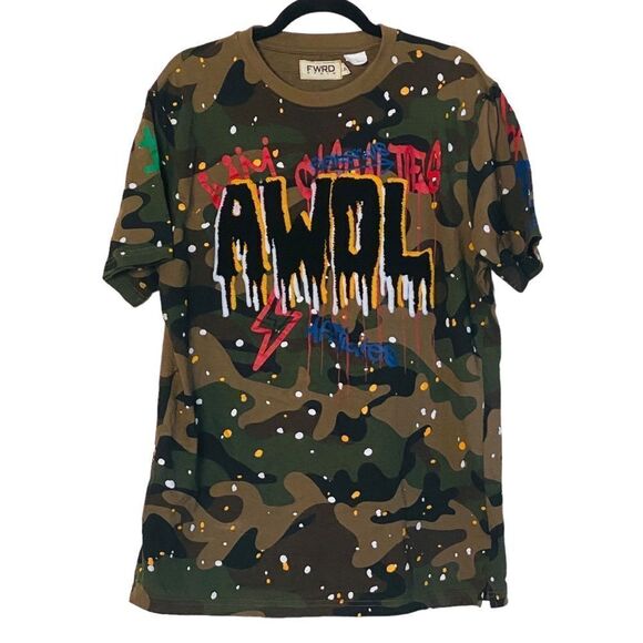 FWRD DENIM Camo Print Splatter Paint Patch AWOL T-Shirt Sz 2XL Runs Small NWOT - Picture 1 of 11